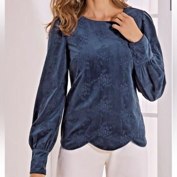 Soft Surroundings Corinthia Top Velvet Embroidered Navy Blue Blouse Size M - Picture 1 of 6